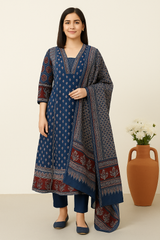 Pure Cotton Printed Straight Kurta Pant Dupatta Set | Sequence Work Neck Design | Women’s Ethnic Wear
