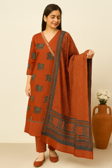 Rust Cotton Elephant Print Kurta Pant Dupatta Set – Handwork Ethnic Suit for Women | 60×60 Pure Cotton