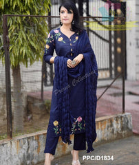 Navy Blue Cotton Embroidered Kurta Pant Set with Malmal Dupatta