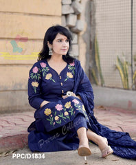 Navy Blue Cotton Embroidered Kurta Pant Set with Malmal Dupatta