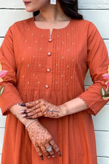 Rust Cotton Embroidered Anarkali Kurta Pant Set with Malmal Dupatta