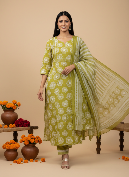 Green Floral Printed Pure Cotton Suit Set