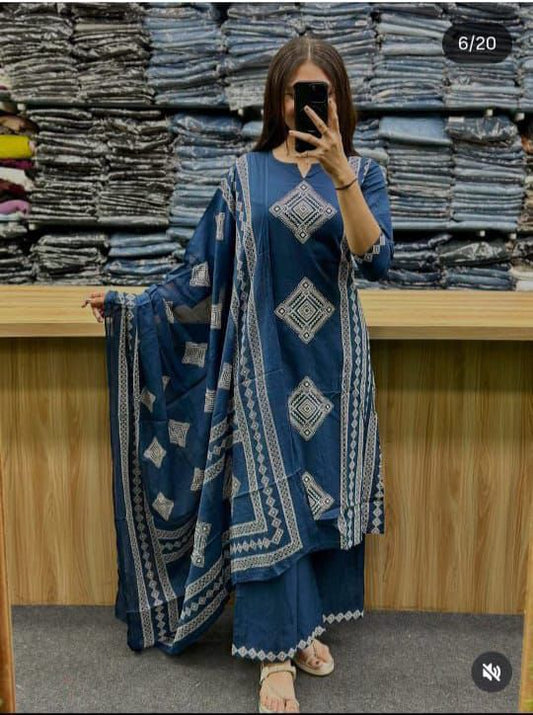 Navy Blue Pure Mul Cotton Printed Kurta Pant Set