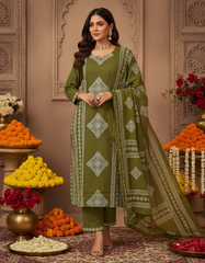 Mehndi Green Printed Pure Mul Cotton Suit Set