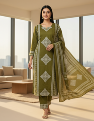Mehndi Green Printed Pure Mul Cotton Suit Set