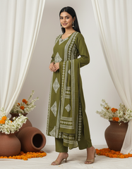 Mehndi Green Printed Pure Mul Cotton Suit Set
