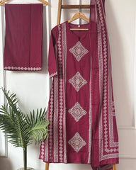 Wine Printed Pure Mul Cotton Suit Set