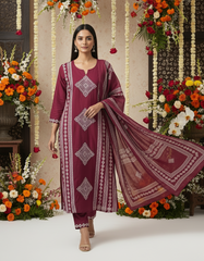 Wine Printed Pure Mul Cotton Suit Set