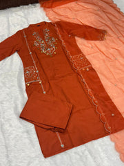 Branded Maroon Abstract Cotton Embroidered Kurta Set