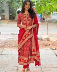 Red Anarkali Cotton Set with Malmal Dupatta