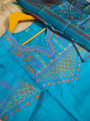 Turquoise Blue Embroidered Cotton Kurta Pant Set with Chanderi Dupatta