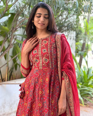 Red Anarkali Cotton Set with Malmal Dupatta
