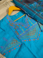Turquoise Blue Embroidered Cotton Kurta Pant Set with Chanderi Dupatta