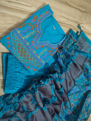 Turquoise Blue Embroidered Cotton Kurta Pant Set with Chanderi Dupatta