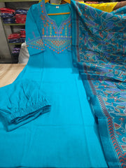 Turquoise Blue Embroidered Cotton Kurta Pant Set with Chanderi Dupatta