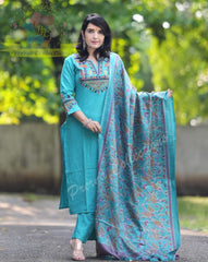 Turquoise Blue Embroidered Cotton Kurta Pant Set with Chanderi Dupatta