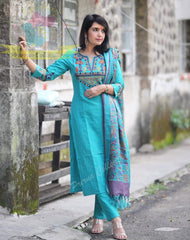Turquoise Blue Embroidered Cotton Kurta Pant Set with Chanderi Dupatta