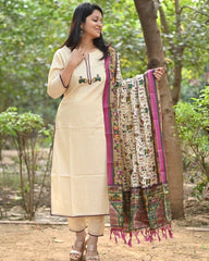 Ivory Cotton Flex Embroidered Kurta Set With Tribal Print Dupatta