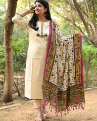Ivory Cotton Flex Embroidered Kurta Set With Tribal Print Dupatta