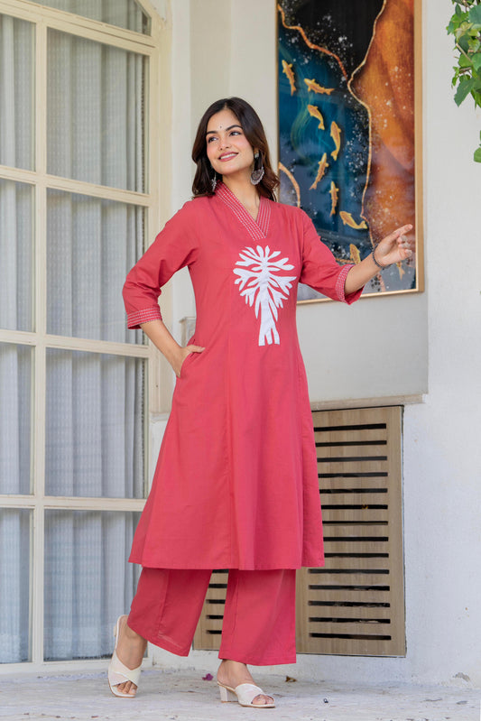 Coral Red Cotton Applique Work Kurta Pant Co-ord Set