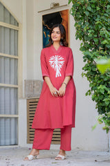 Coral Red Cotton Applique Work Kurta Pant Co-ord Set