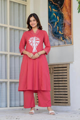 Coral Red Cotton Applique Work Kurta Pant Co-ord Set