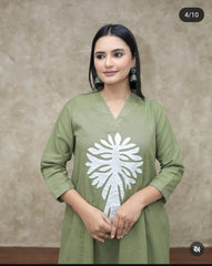 Olive Green Cotton Applique Work Co-ord Set