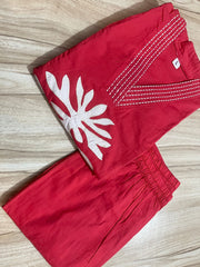 Coral Red Cotton Applique Work Kurta Pant Co-ord Set