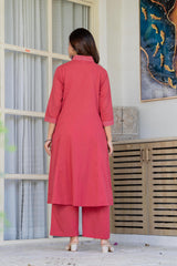 Coral Red Cotton Applique Work Kurta Pant Co-ord Set