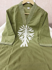 Olive Green Cotton Applique Work Co-ord Set