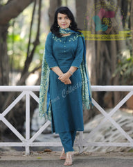 Teal Blue Cotton Flex Embroidered Kurta Pant Set with Chanderi Dupatta