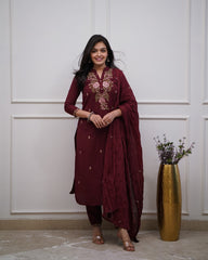 Wine Red Cotton Embroidered Kurta Pant & Dupatta Set