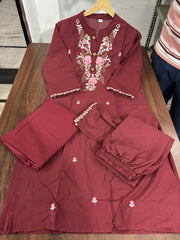 Wine Red Cotton Embroidered Kurta Pant & Dupatta Set