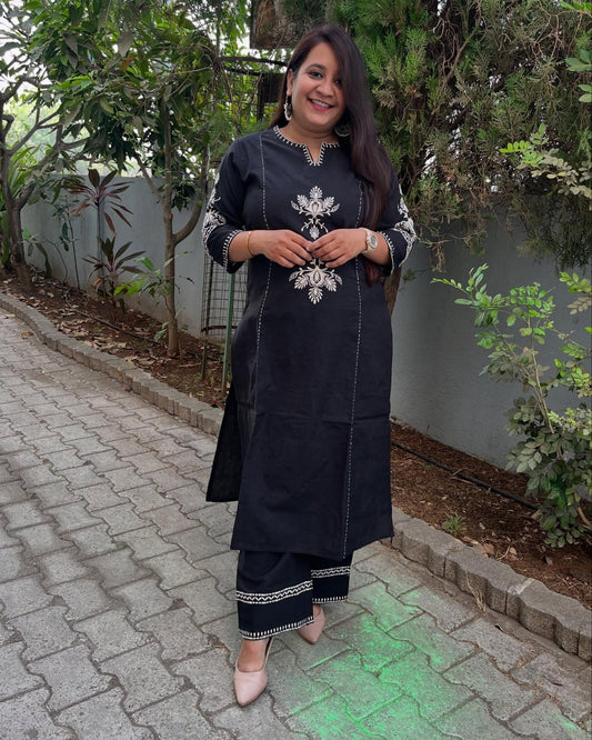 Navy Blue South Cotton Embroidered Co-ord Set