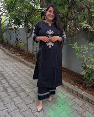 Navy Blue South Cotton Embroidered Co-ord Set