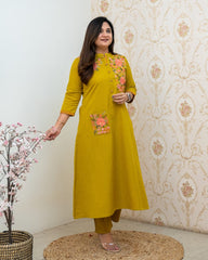 Mustard Embroidered Cotton Kurta Pant Set