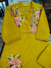 Mustard Embroidered Cotton Kurta Pant Set
