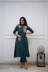 Teal Blue Cotton Embroidered Kurta Pant Set