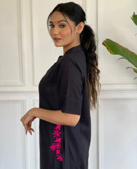 Navy Blue Cotton Slub Embroidered Co-ord Set