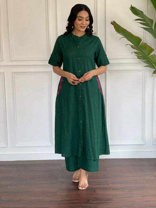 Bottle Green Cotton Slub Embroidered Co-ord Set