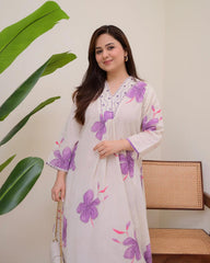 Cream Purple Cotton Brush-Printed Co-Ord Set