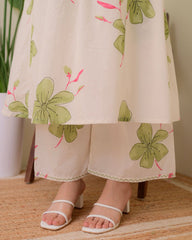 Cream Green Cotton Brush-Printed Co-Ord Set