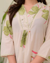 Cream Green Cotton Brush-Printed Co-Ord Set