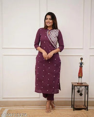 Purple Rayon Embroidered Kurta Set