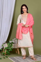 Off white dupatta set, Embroidered, Laadshop