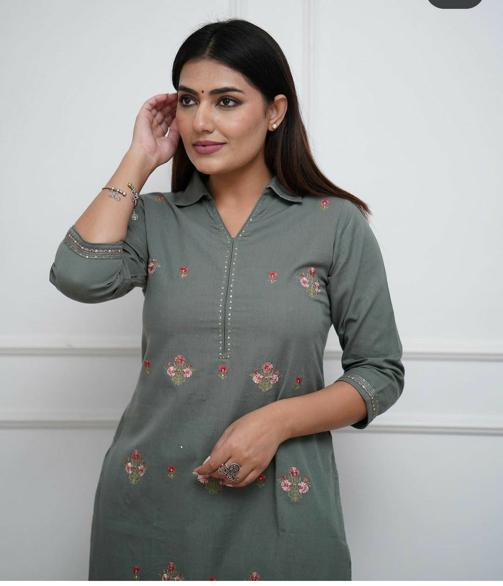 Grey co-ord set, embroidered, laadshop