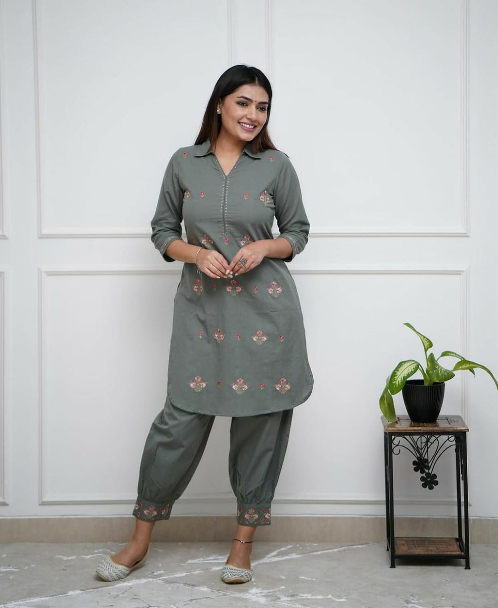 Grey co-ord set, embroidered, laadshop