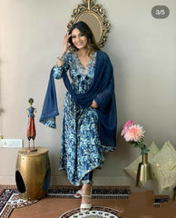 Perfect Blue Rayon Embroidery Dupatta Set