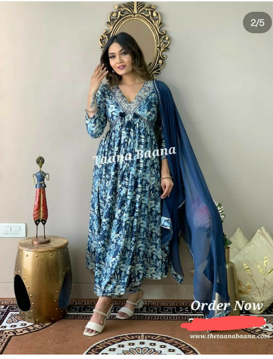 Perfect Blue Rayon Embroidery Dupatta Set