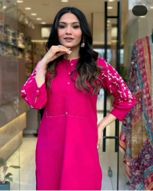 Beautiful Magenta Pink Rayon Embroidery Kurta Set